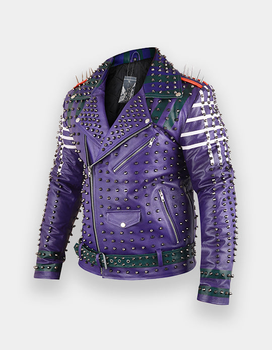 Men's Purple & Green Studded Leather Jacket with Patches
Brando Style | Belted Collar Waist | Stylish Motorbike Jacket